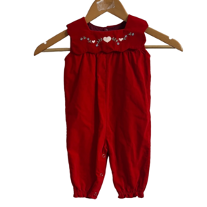Vintage Red Velvet Jumpsuit Size 9 Month Embroidered Sleeveless Peter Pan Collar